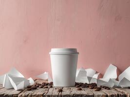 pink background on wooden table with white paper coffee cup mockup empty space decoration mockup paper. photo