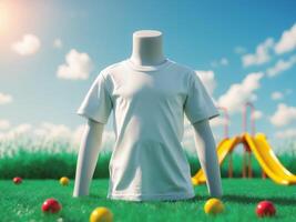 white kids t shirt displayed on mannequin in sunny outdoor playground setting. photo