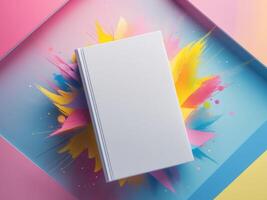 Mock up of blank white book cover on colorful background for creative projects and design presentations. photo
