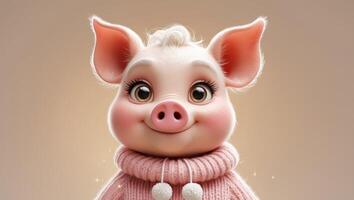 Adorable and Cute Cartoon Pig Character Featuring Big Eyes and Wearing a Cozy Sweater. photo