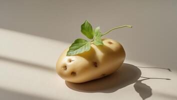 A single potato with a leaf sitting on top. photo