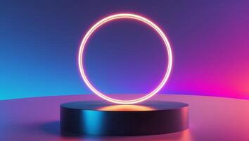 A Neon Circle above a Dark Pedestal with a Vibrant Gradient Background enhances appeal. photo