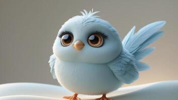 a cute fluffy bird with big eyes stands on a light surface. photo