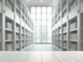 Empty white wooden tabletop on blurred background of modern library with big window and bookshelves. photo