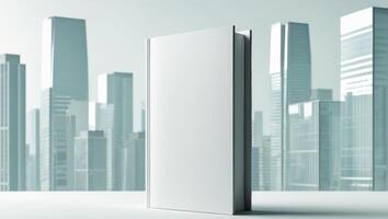 mockup of a blank cover white book front view with a city window city building background photo