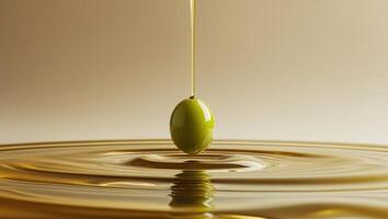 single olive drops into pool of extra virgin olive oil. photo