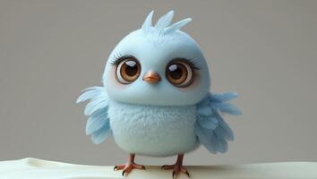a cute fluffy bird with big eyes stands on a light surface photo