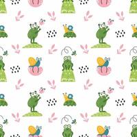 Endless seamless pattern with cute frogs for sewing baby clothes. White background for wrapping paper. vector