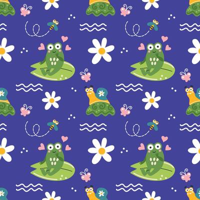 Endless seamless pattern with cute frogs for sewing baby clothes. Purple background for wrapping paper.