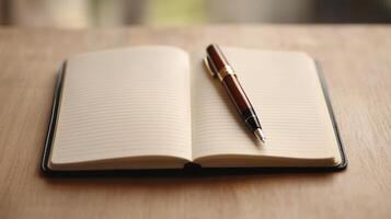 Open Lined Notebook with Elegant Brown Fountain Pen on Wooden Desk Ready for Writing photo