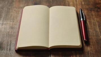 Open Lined Notebook with Red Pen on Rustic Wooden Desk Blank Pages for Notes or Ideas photo