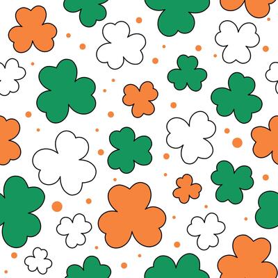 Patricks Day pattern with cute colorful shamrocks. Seamless white background and doodle clover leaves. Saint Patricks March 17 holiday backdrop. Cute illustration.
