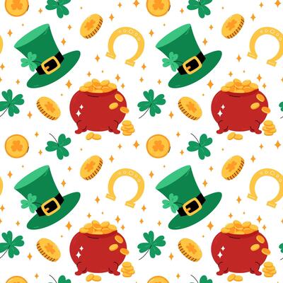 Patricks Day pattern. seamless backround. Leprechauns hat, shamrocks, lucky coins, pot of gold. Cute pattern with Saint Patricks Day symbols. March 17 holiday backdrop.