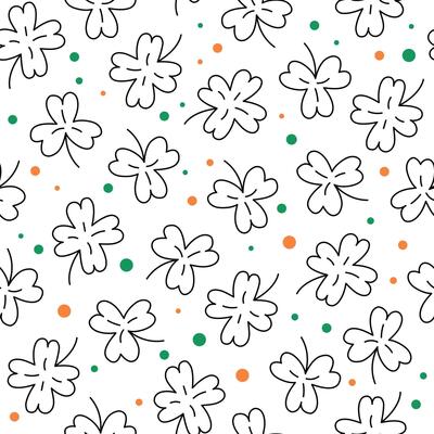 St Patricks Day doodle pattern with shamrocks. Seamless white background and clover leaves. Saint Patricks March 17 holiday backdrop. flat illustration.