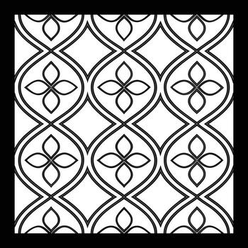 a black and white pattern with a design. Dynamic Wavy Flower Tile Pattern vector