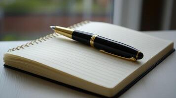 Elegant Black Pen Resting on Open Lined Notebook Ready for Writing or Note Taking photo
