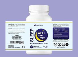 Modern good night sleep dietary supplement label packaging design featuring capsules, clean typography, and soft colors, ideal for health and wellness themes, with a focus on product information vector