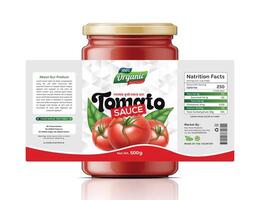 Creative and professional tomato ketchup jar packaging food label design fresh organic product branding with a clean and visually appealing structure. High-quality tomato red sauce label design. vector