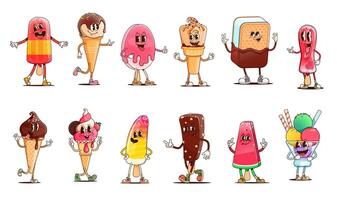 Groovy ice cream characters, cartoon funny sundae vector
