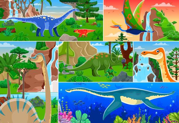 Prehistoric dinosaur, reptile characters collage