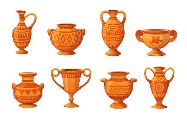 Cartoon ancient ceramic vases, pots and jars