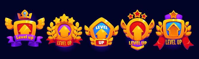 Level up ui game medal reward, rate icons, badges vector