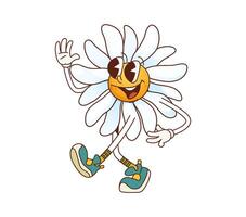 Groovy daisy chamomile character in retro cartoon vector