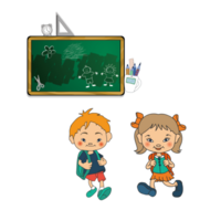 Two children are standing near a blackboard with a chalkboard png