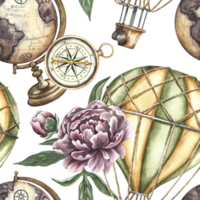 Seamless pattern of balloons and globes in vintage style. Handmade watercolor illustration. A color image with a journey around the world. For textiles, wallpaper, wrapping paper and more. png