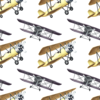 Seamless pattern of retro airplanes. Handmade watercolor illustration. A color image of the first vintage-style aircraft. For textiles, wallpaper, wrapping paper and more. png