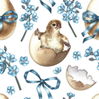 Easter seamless pattern with a hatched chicken, decorated with eggs and forget-me-nots. The illustration is made in handmade watercolor. For textiles, prints, wrapping paper. png