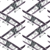 Seamless pattern of retro airplanes, front view. Handmade watercolor illustration. A vintage-style color image of an air transport. For textiles, wallpaper, wrapping paper, decor and more. png