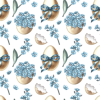 Easter seamless pattern with decorated eggs, blue ribbon and forget-me-nots. The illustration is done in watercolor by hand. For textiles, prints, wrapping paper, backgrounds. png