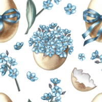 Easter seamless pattern with decorated eggs, blue ribbon and forget-me-nots. The illustration is done in watercolor by hand. For textiles, prints, wrapping paper, backgrounds. png