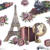 Seamless pattern with vintage train, suitcase, Eiffel tower, globe and peonies. Handmade watercolor illustration. Colorful, delicate, romantic pattern for textiles, wallpaper and packaging. png