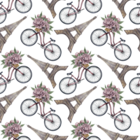 Seamless pattern with Eiffel towers, retro bicycles and peonies. Handmade watercolor illustration. Colorful, delicate, romantic pattern for textiles, wallpaper and wrapping paper. png