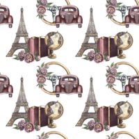 Seamless pattern with retro cars and Eiffel towers, vintage steering wheel, retro suitcases, globe and peonies. Handmade watercolor illustrations. Colorful, delicate, romantic pattern png