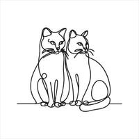 Single one line Two cats with continuous single one line art silhouette white background vector