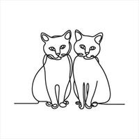 Single one line Two cats with continuous single one line art silhouette on white background vector