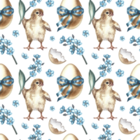 Easter seamless pattern with a hatched chicken, decorated with eggs and forget-me-nots. The illustration is made in handmade watercolor. For textiles, prints, wrapping paper. png