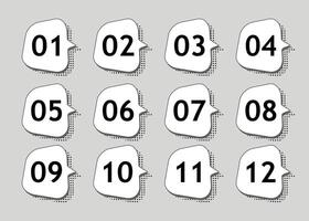 Bullet points think bubbles with shadows. Numbers from 01 to 12. Graphic design. vector