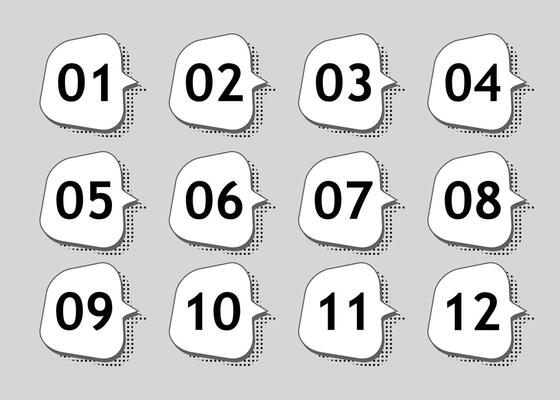Bullet points think bubbles with shadows. Numbers from 01 to 12. Graphic design.