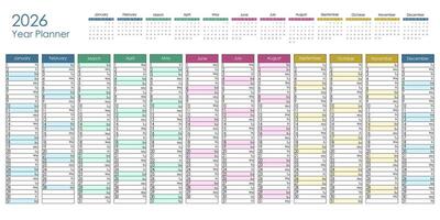 2026 colorful year planner. Graphic design. vector