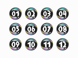 Bullet points buttons with fish eye effect, numbers from 01 to 12. Infographics. Graphic design. vector
