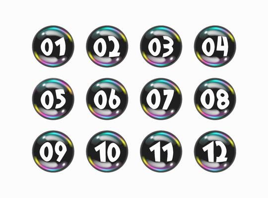 Bullet points buttons with fish eye effect, numbers from 01 to 12. Infographics. Graphic design.
