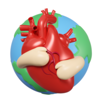 3d hands hugging realistic human heart, globe isolated. health love or world heart day concept, 3d illustration render png