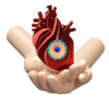 Two hands holding artificial heart isolated. Future innovation concept, 3d illustration render png