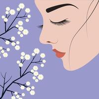 A woman with her eyes closed, gently inhaling the fragrance of delicate white flowers. The soft lavender background adds a calming effect, emphasizing peace, relaxation, and connection with nature. vector