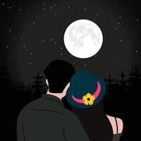 A beautiful illustration of a couple embracing under the night sky, gazing at a bright full moon. The serene atmosphere, with twinkling stars and a silhouette of trees in the background. vector
