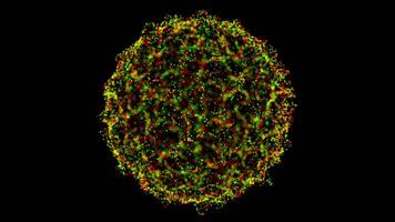 Glowing red and green sphere with dynamic flowing particles on a dark background video